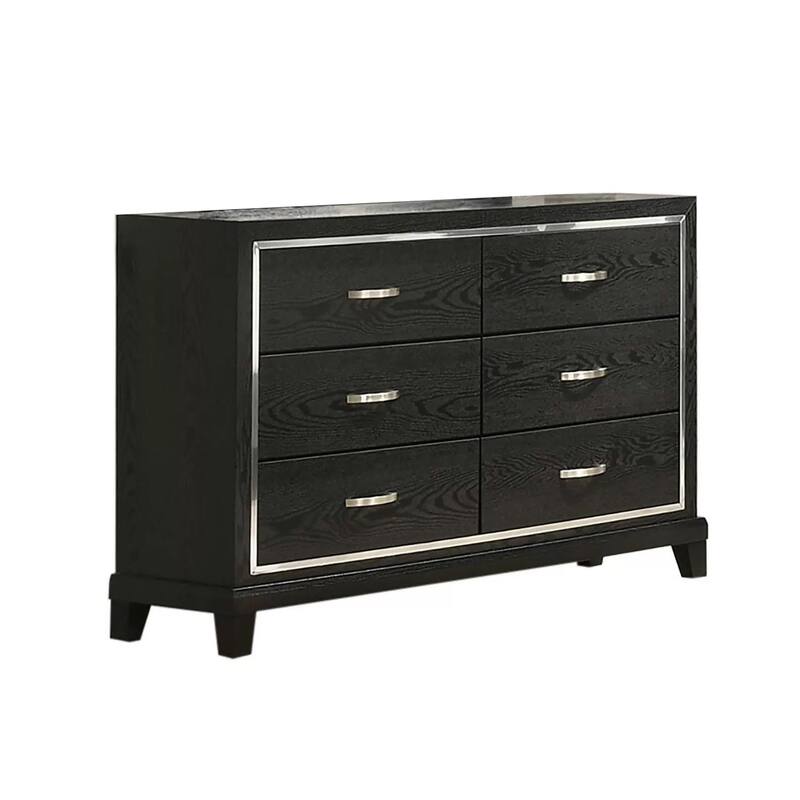 Lyla Wide Dresser, Silver Trim, 6 Drawer, Tapered Legs, Black Wood