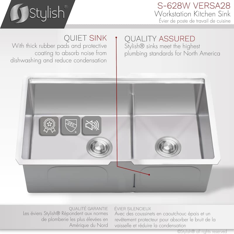 STYLISH 28 inches Workstation 60/40 Double Bowl Undermount 16 Gauge Stainless Steel Kitchen Sink with Accessories included