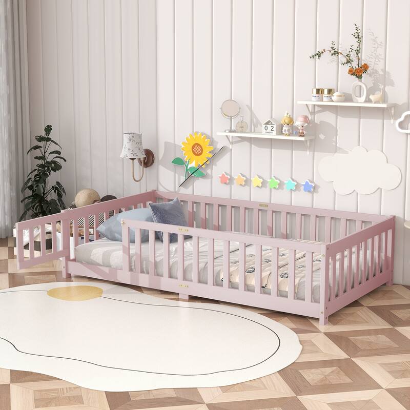 Twin Size Floor Bed with Fence and Door, Rubber Wood Floor Bed with Safety Guardrails