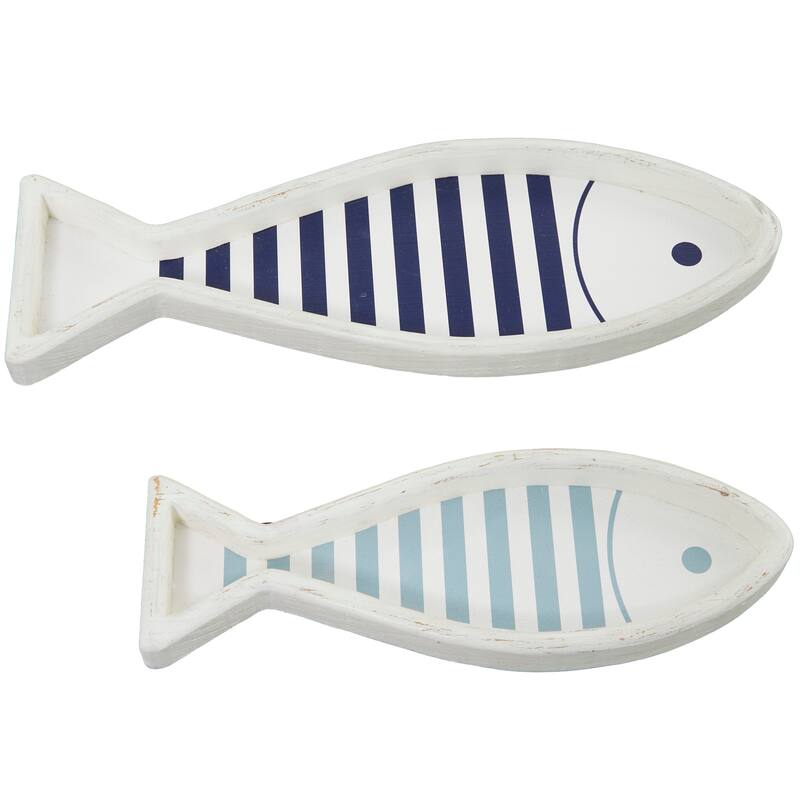 White Wood Fish Living Room Decor Tray (Set of 2) - 21", 16"W