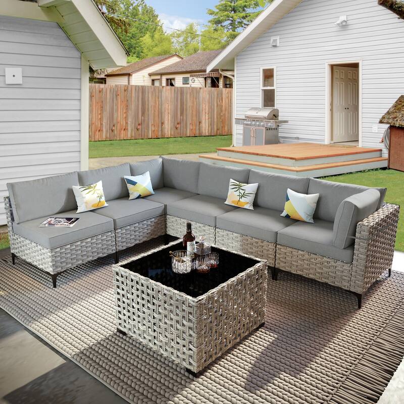 OVIOS 7 Pieces Outdoor Wicker Furniture Set With Solar-Powered Coffee Table - Deep Gray