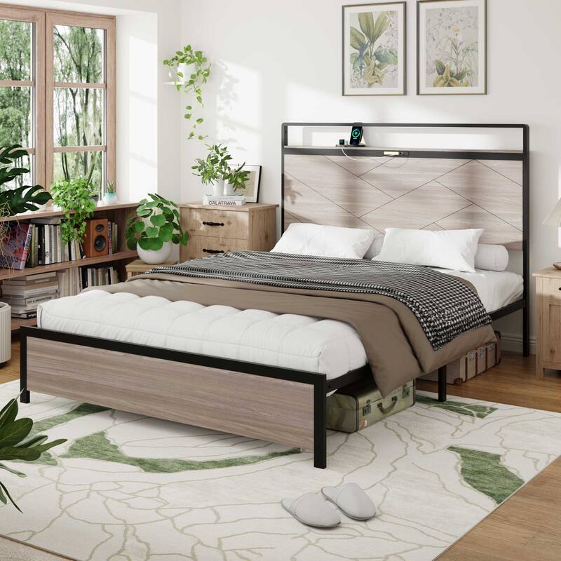 Bed Frame Queen Size, Wooden Platform Bed Frame With Storage Led Light Headboard And 2 USB, Large Underbed Storage - Antique Grey