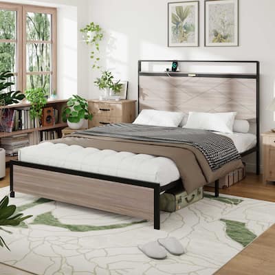 Bed Frame Queen Size, Wooden Platform Bed Frame With Storage Led Light Headboard And 2 USB, Large Underbed Storage