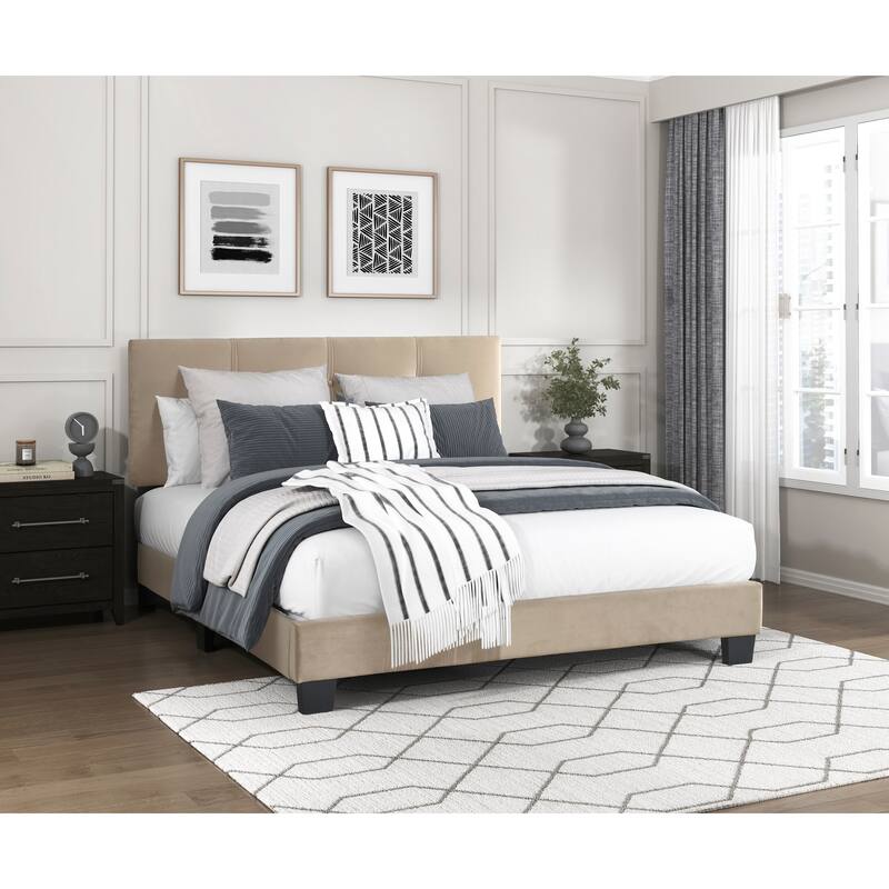 Full Size Velvet Platform Bed with Adjustable Height Headboard and Button Tufted Design - Light Brown