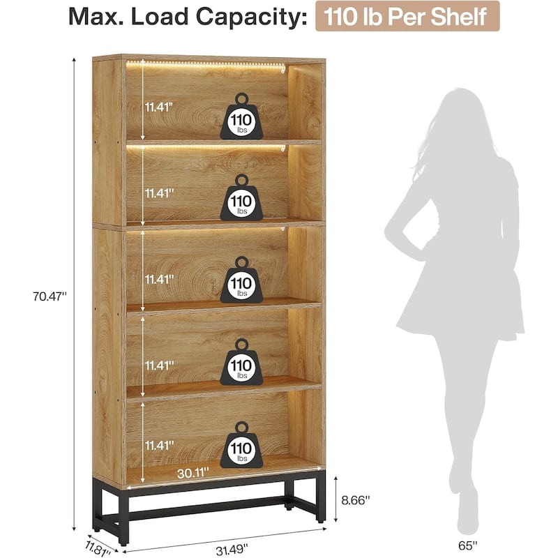 70.8" Tall Bookcase 5-tier Black Bookshelf with LED Lights for Home