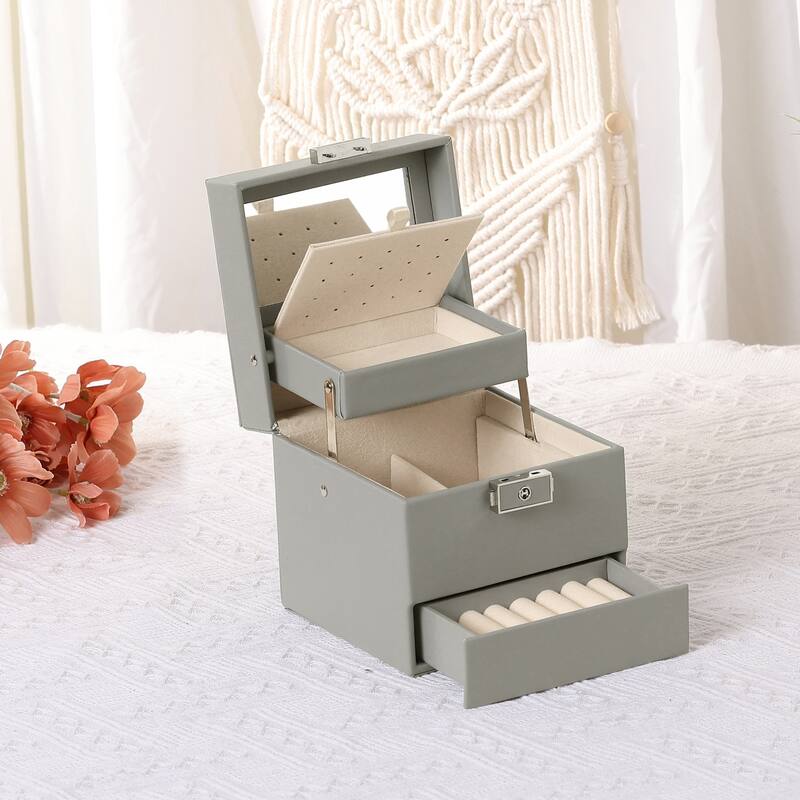 3 Layer Jewelry Box with Mirror for Women Birthday Gifts, PU Leather Jewelry Organizer Case Storage Display Holder with Drawer