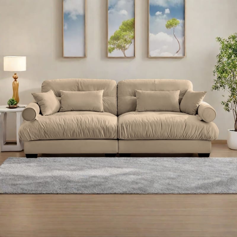 93.7"Velvet 3-Seater Sofa with Bolster Armrests, High-Resilience Sponge Cushions - Camel