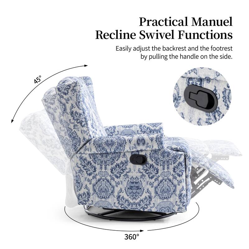 29'' W Pattern Floral Swivel Manual Push Back Recliner Glider Chair
