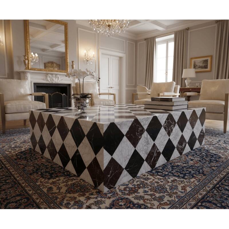 BETACH Genuine Marble Block Coffee Table - Nero Black / Carrara / Rosso Levanto Marble