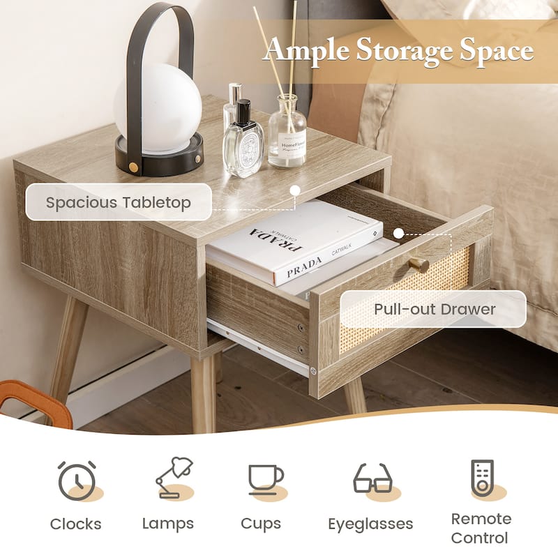 Gymax Nightstand Bedside End Sofa Table with Rattan Drawer for Bedroom