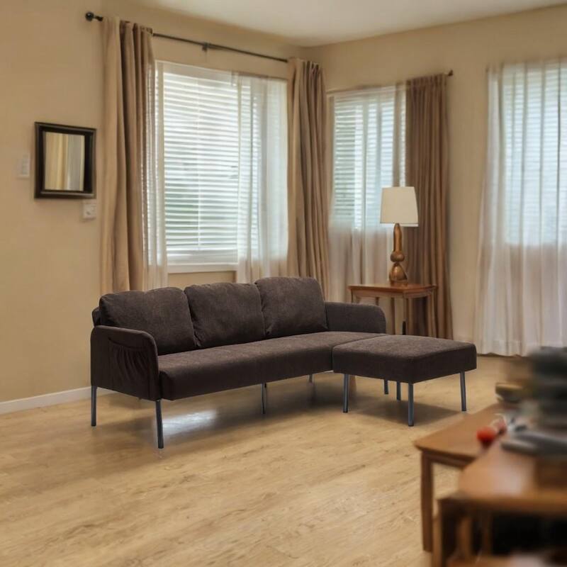 3 Seater L-Shaped Polyester Fabric Sofa with Ottoman, Modern Upholstered Sofa, Comfy Small Couches for Small Space