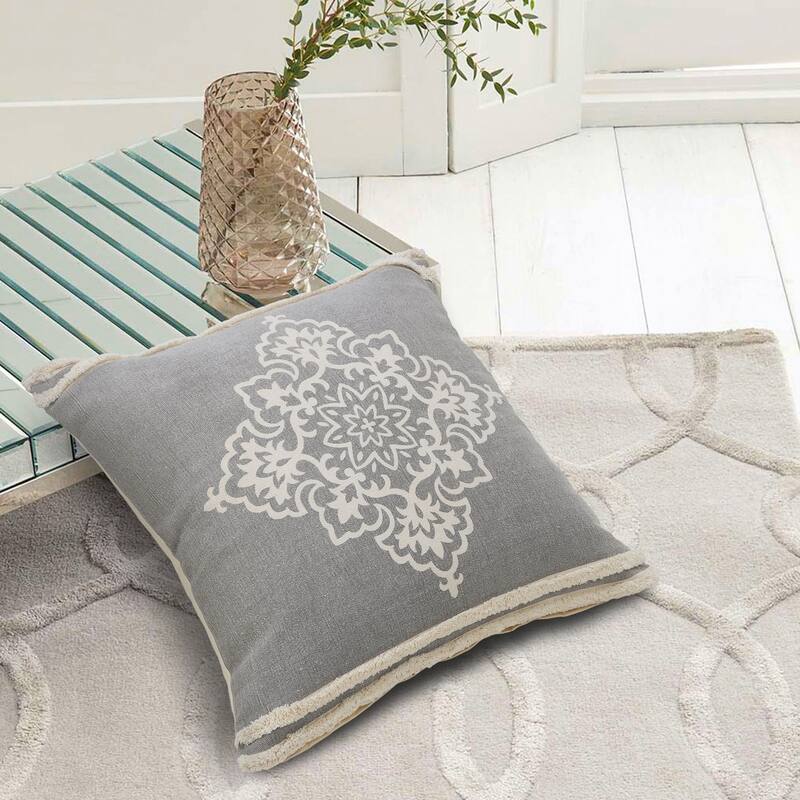 Sevita Casual Floral Diamond Medallion Throw Pillow with Tufted Border - Accent - 24" x 24" - Polyester - Light Gray/White - Single