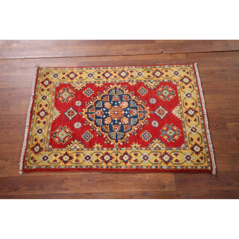 Geometric Red Kazak Oriental Accent Rug Hand-Knotted Wool Carpet - 2'0" x 3'0"
