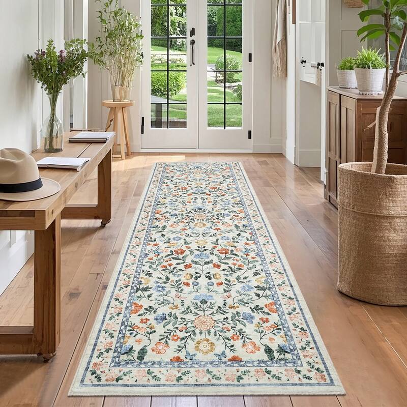 Living Room Rug Machine Washable Area Rug Non Slip Farmhouse Floral Rug Low Pile Soft Foldable Rugs
