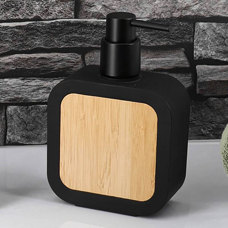Contemporary Soap Dispenser Rubber and Wood - 4.3 L x 1.9 W x 6.6 H - Black/Bamboo