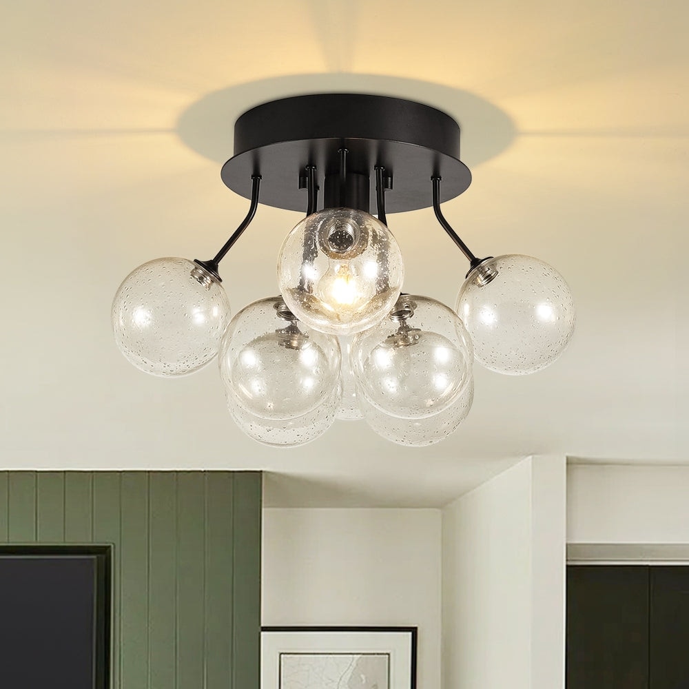Modern Clear Seeded Glass Globe Bubble Semi Flush Ceiling Light