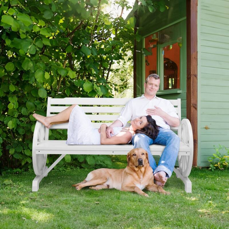 56 in. Outdoor Wooden Wagon Wheel Bench with Slatted Seat and Backrest