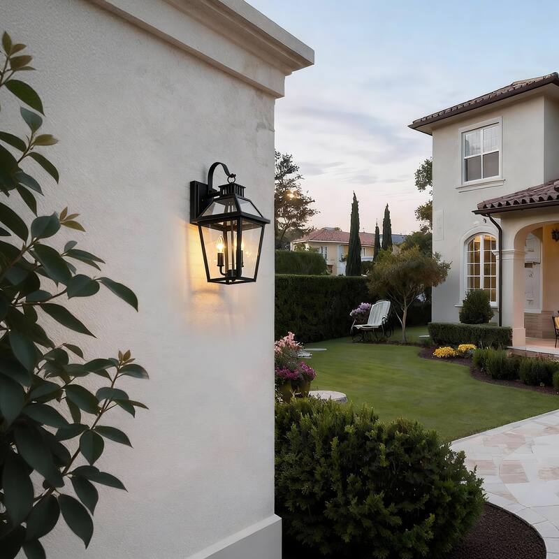 20 in. 3-Light Matte Black Outdoor Wall Lantern Sconce with Clear Glass - E12, 40W, Wet Rated, Farmhouse Style