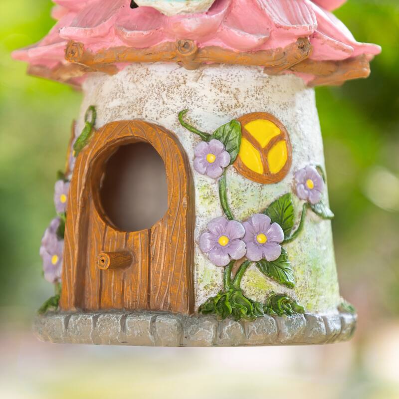 Glitzhome 9''H Resin Pink Yellow Roof Outdoor Garden Birdhouse