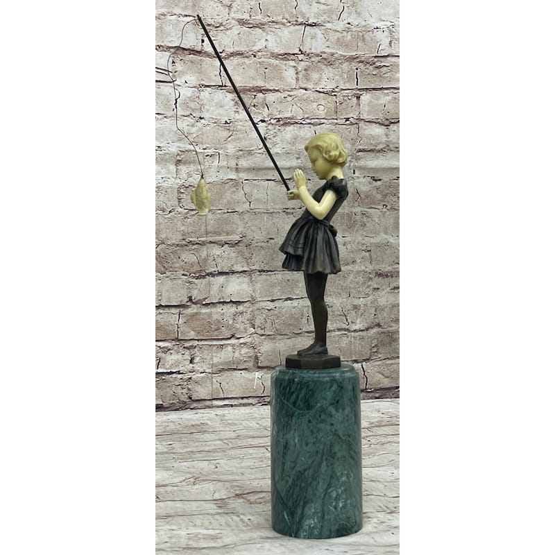Young Girl Child Fishing Bronze Metal Statue Sculpture Figure On Marble Base