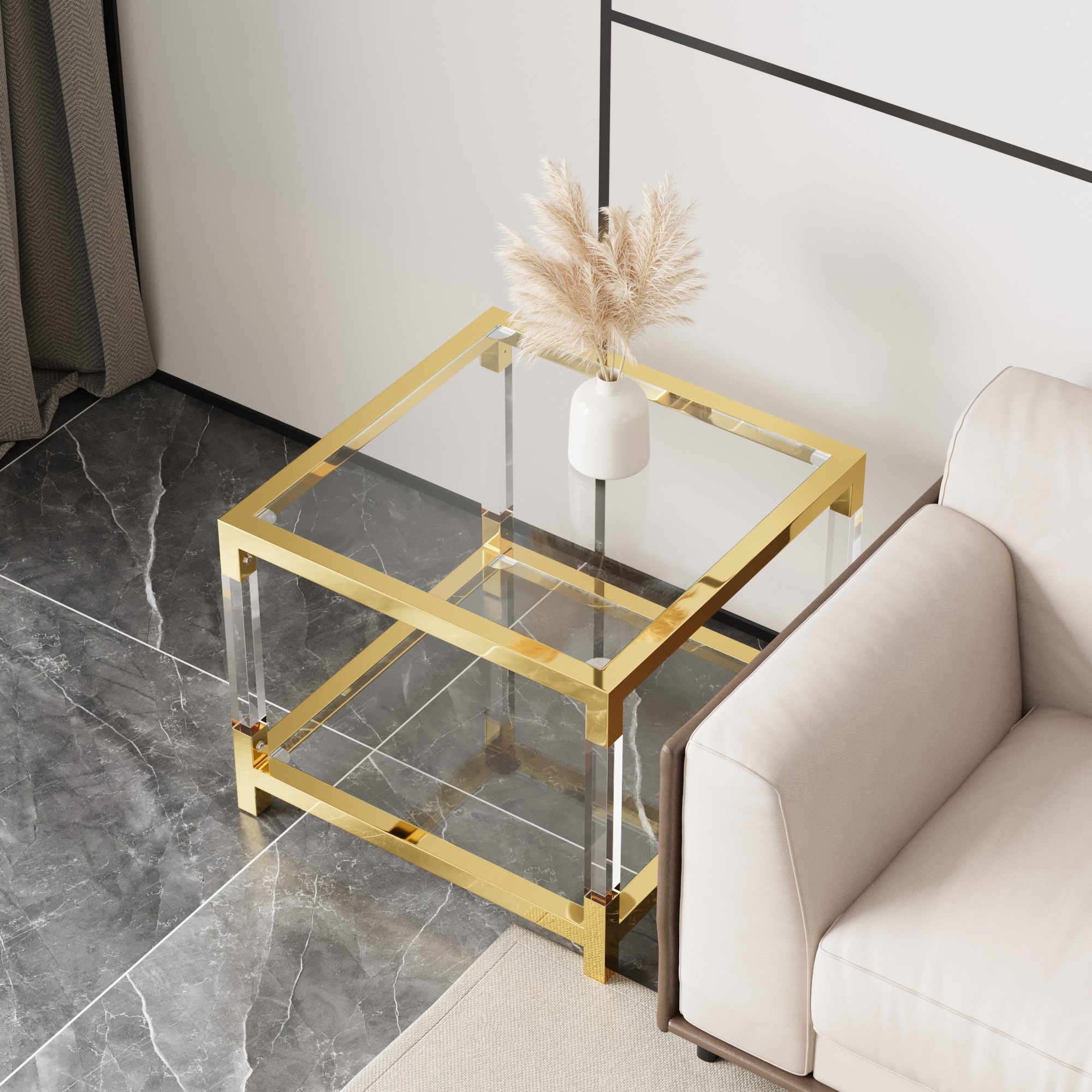 2-Tier Glass Coffee Table with Gold Metal Frame, Acrylic Leg