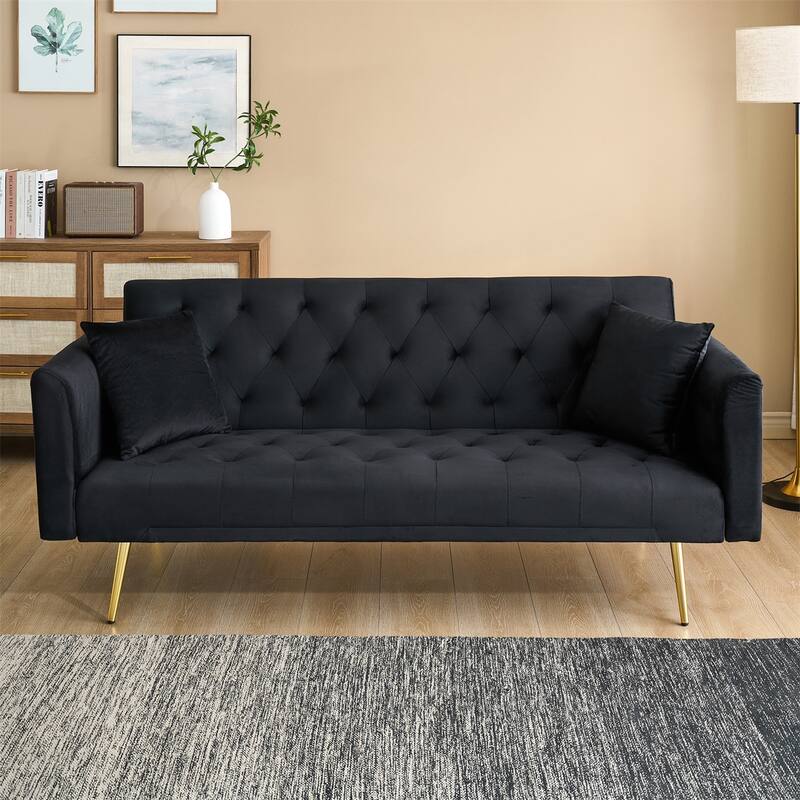 71" Velvet Love Seat Couches, Adjustable Backrest Sofa Bed with 2 Pillow - Black