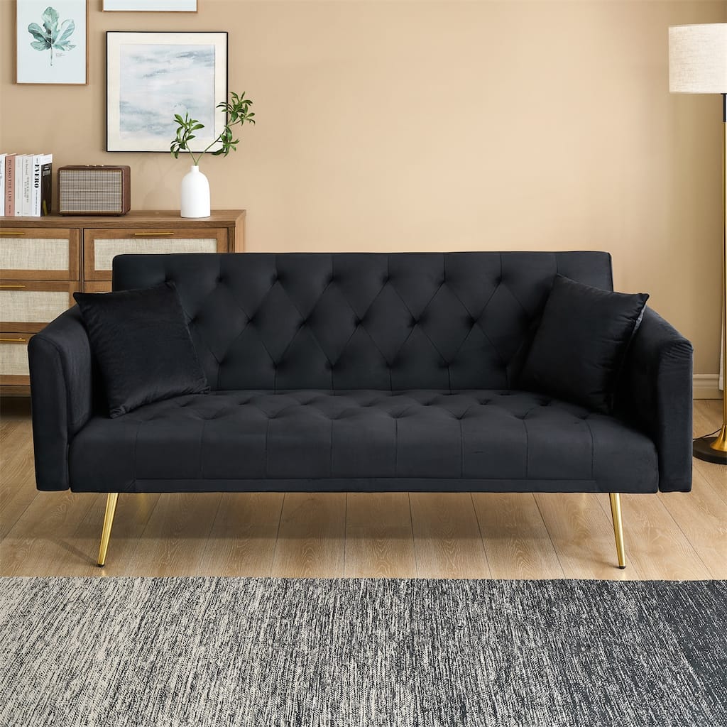 71-inch foldable double sofa, with American retro style, made of black velvet material