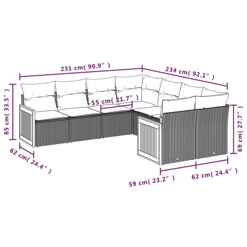 vidaXL 8 Piece Patio Sofa Set with Cushions Black Poly Rattan - 24.4x27.2x24.4