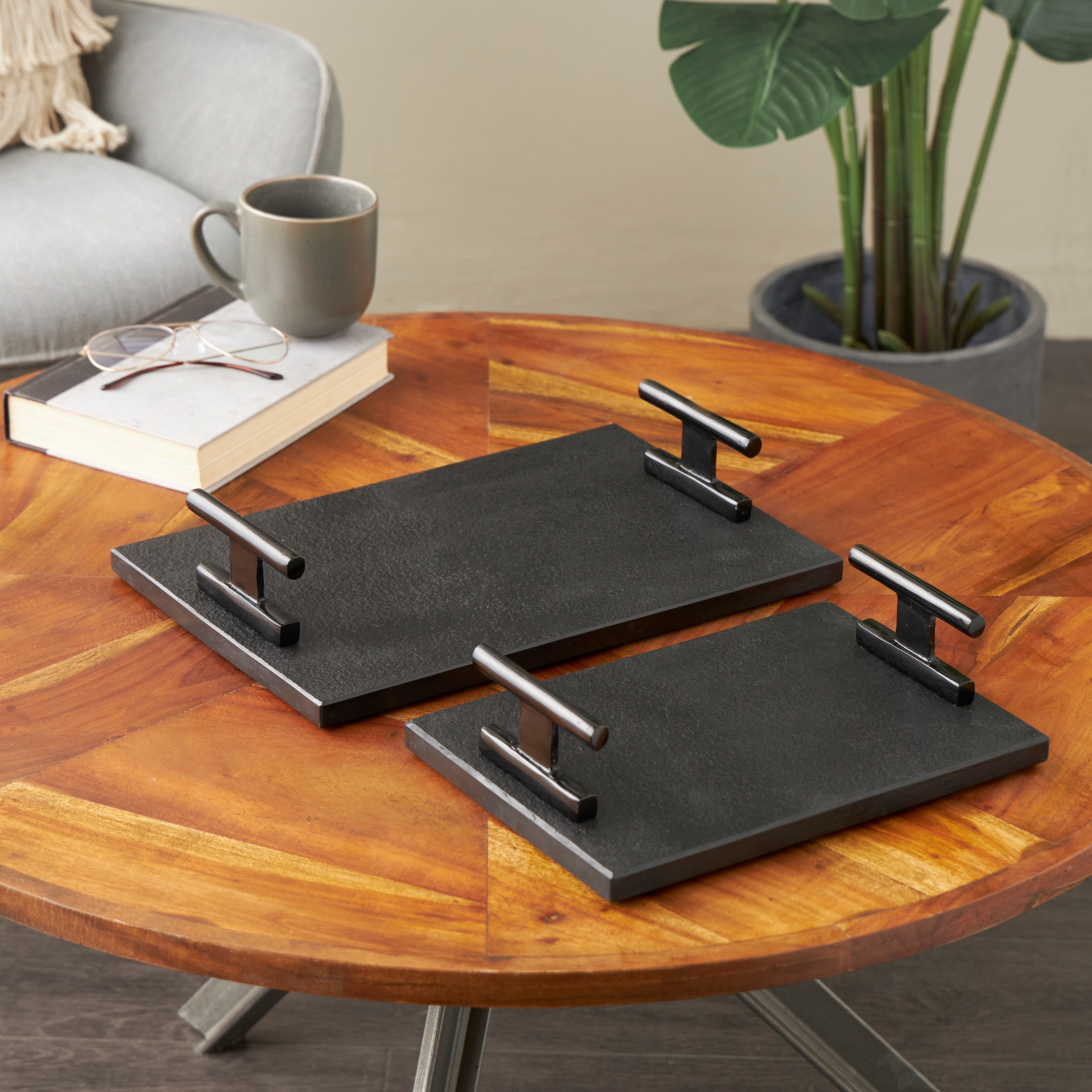 Black Marble Textured Living Room Decor Tray with Silver or Black Rod Handles (Set of 2)
