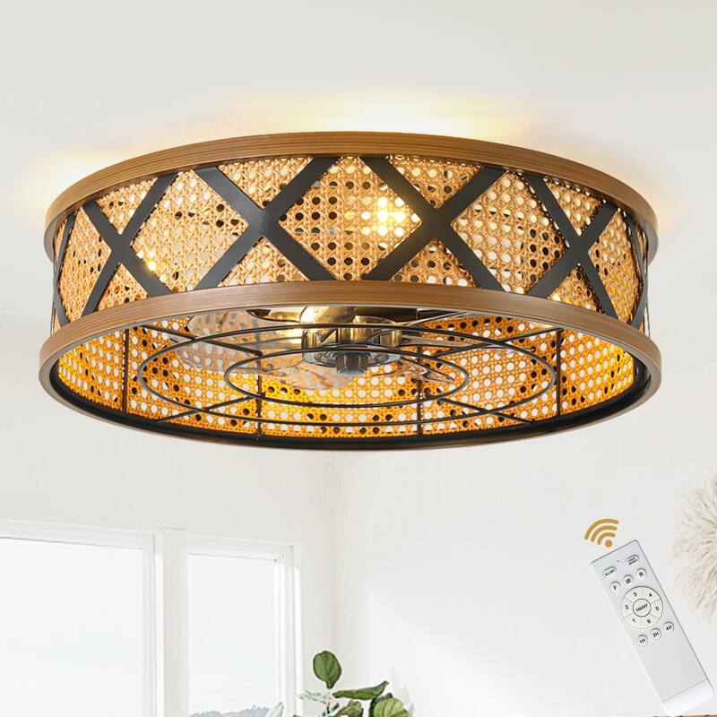 Cusp Barn 23" Boho Rattan Flush Mount Low Profile 6 Speeds Reversible Caged Ceiling Fan with Light and Remote for Bedroom