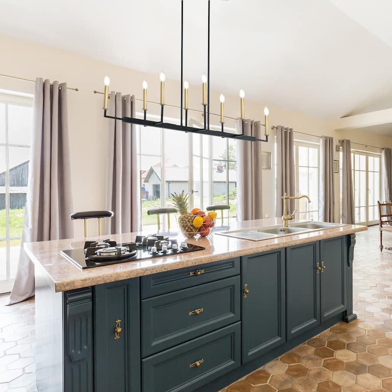 Modern Transitional 8-Light 48-inch Metal Island Chandelier Bare Bulb Dining Room Pendant - 48.4"W x 11.8"D x 19.5"-69.5"H