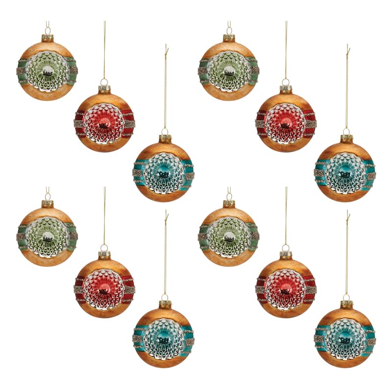 Holiday Glass Reflector Tree Ornaments Set of 12 for Indoor Use - 3" x 2.75" x 4" - Green/Red