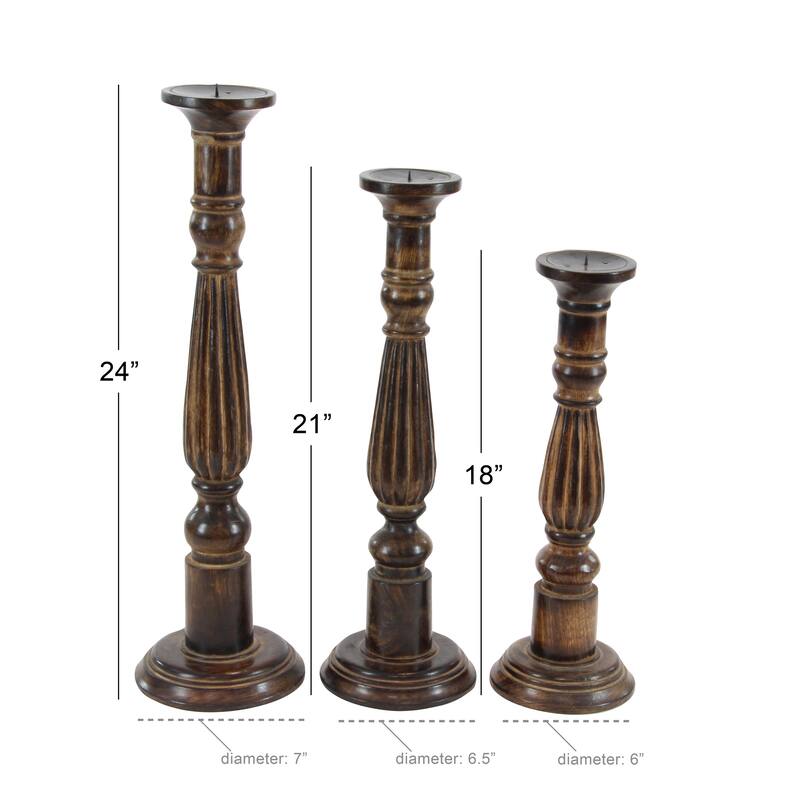 Brown Mango Wood Tall Turned Decorative Candle Holder (Set of 3)