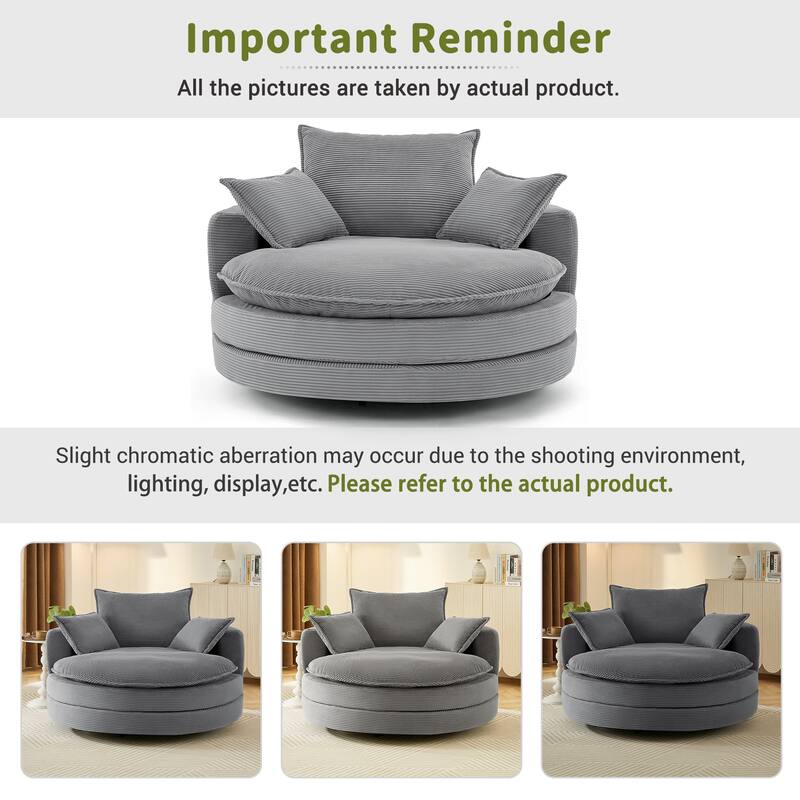 360° Swivel Sofa Chair Accent Barrel Chair 57.5"Swivel Round Chair with Dual-layer Cushion Design and 3 Removable Pillows