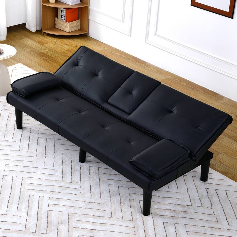 The 67-inch black PVC multi-functional sofa bed with a foldable and cup holder design