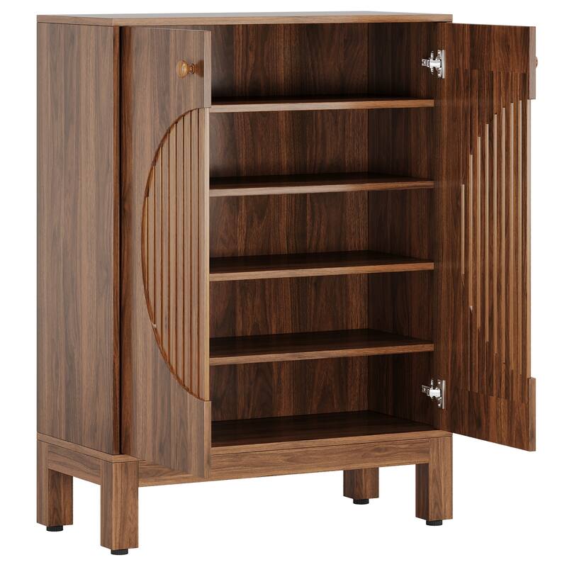 28" Brown 5-Tier Shoe Cabinet with Round Louvered Doors
