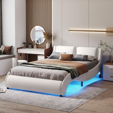 Full/Queen Size Upholstered Faux Leather Platform Bed with LED Light