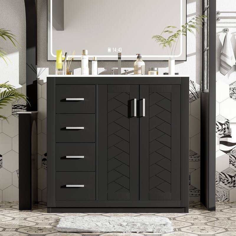 36'' Bathroom Vanity with Ceramic Sink Combo, Solid Wood Frame Bathroom Storage Cabinet with 3 Drawers& Soft Closing Doors