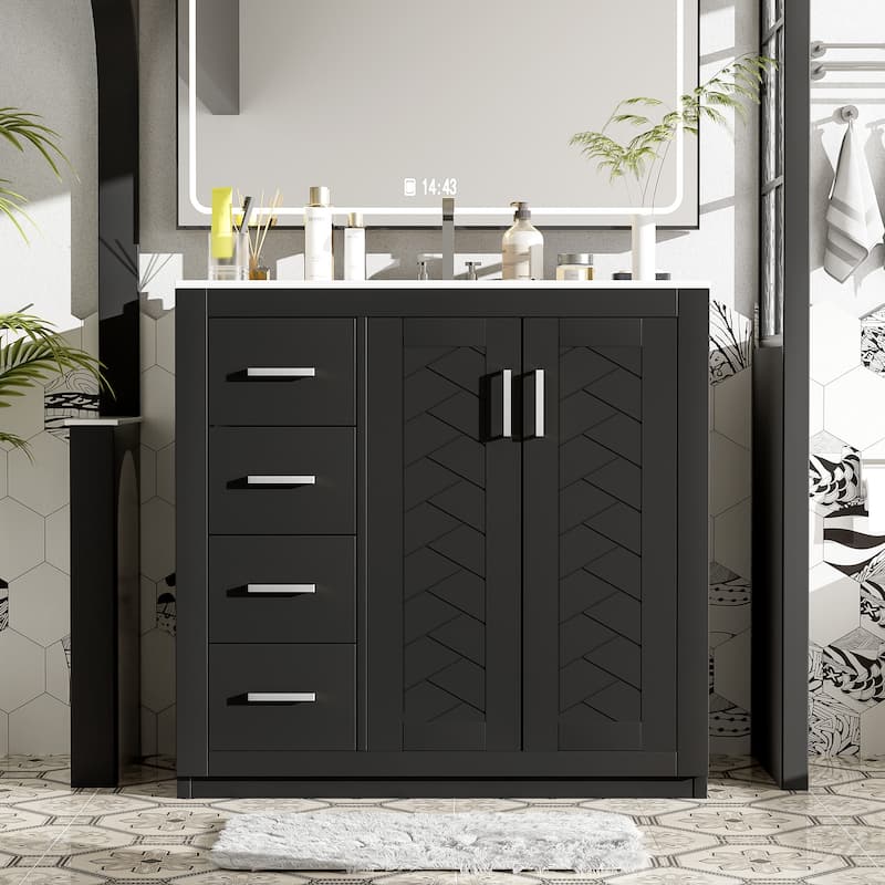 36'' Freestanding Bathroom Vanity Set–Features a Ceramic Sink, Solid Wood Frame,3 Soft-Closing Drawers, and Ample Storage Space. - Black