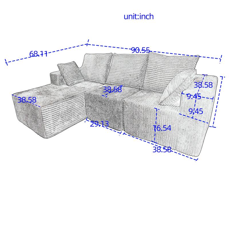 Gray Corner Combination Sofa, Fabric & Foam, 107x39x26 inches, 152 lbs