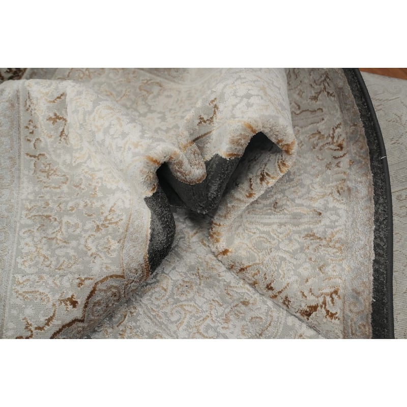 Machine Made Oriental Polyester Carpet Traditional Medallion Greys & Charcoal Tabriz Area Rug - 7' 5'' X 5' 2''