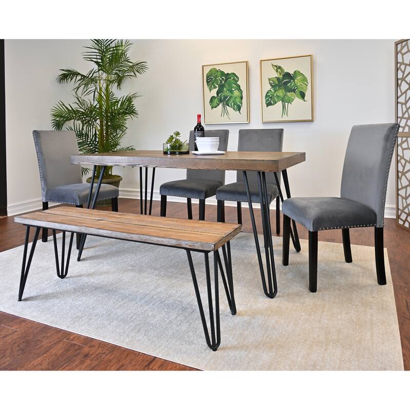 Roundhill Furniture Ashzo 6-Piece Dining Set, Hairpin Dining Table with 4 Chairs and Bench