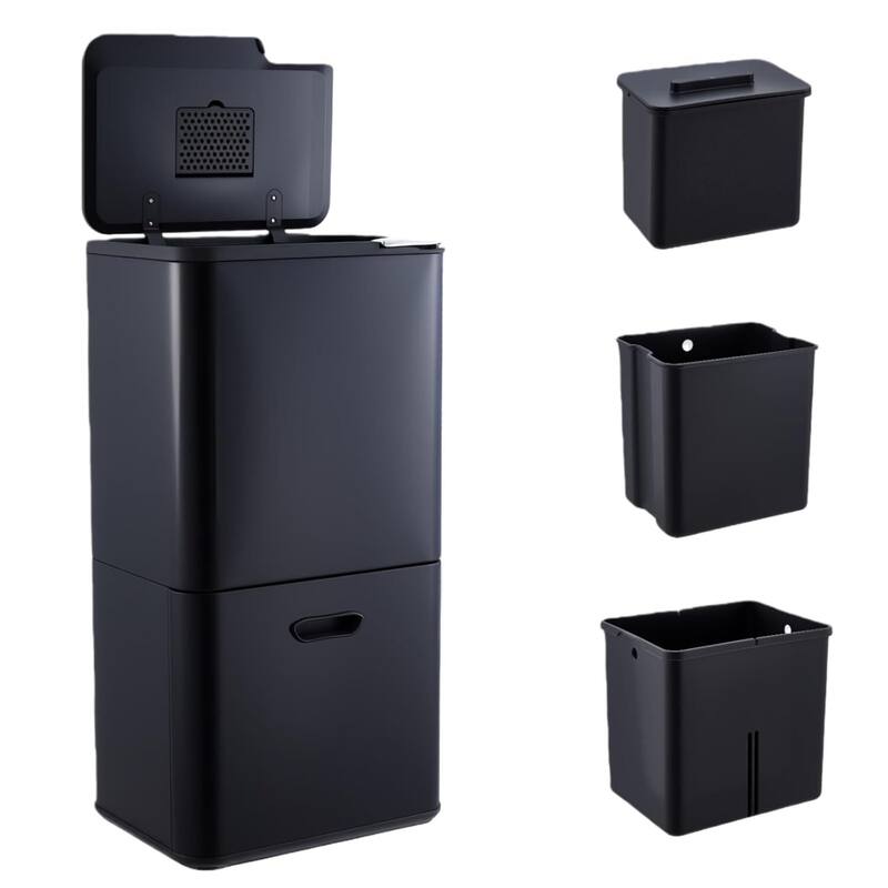 16 Gal Dual Compartment Recycling Bin Kitchen Trash Can - Black
