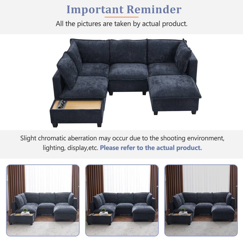 90" Chenille U-Shaped Sectional Sofa with Ottoman, Charging Ports