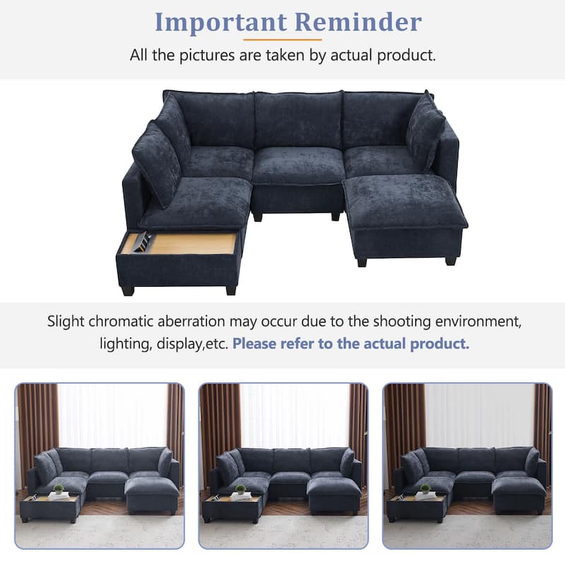 Modern Sectional Sofa with Hidden Charging Coffee Table and Movable Ottoman and Chenille Upholstery for Living Rooms
