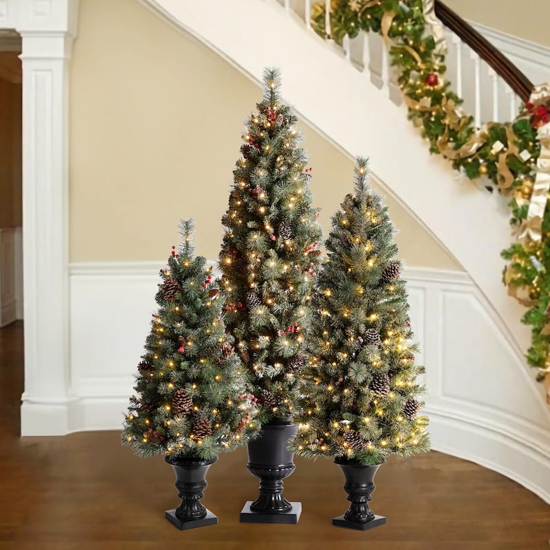 Glitzhome 4ft/5ft/6ft Flocked Pine Christmas Potted Porch Tree With Warm White Lights