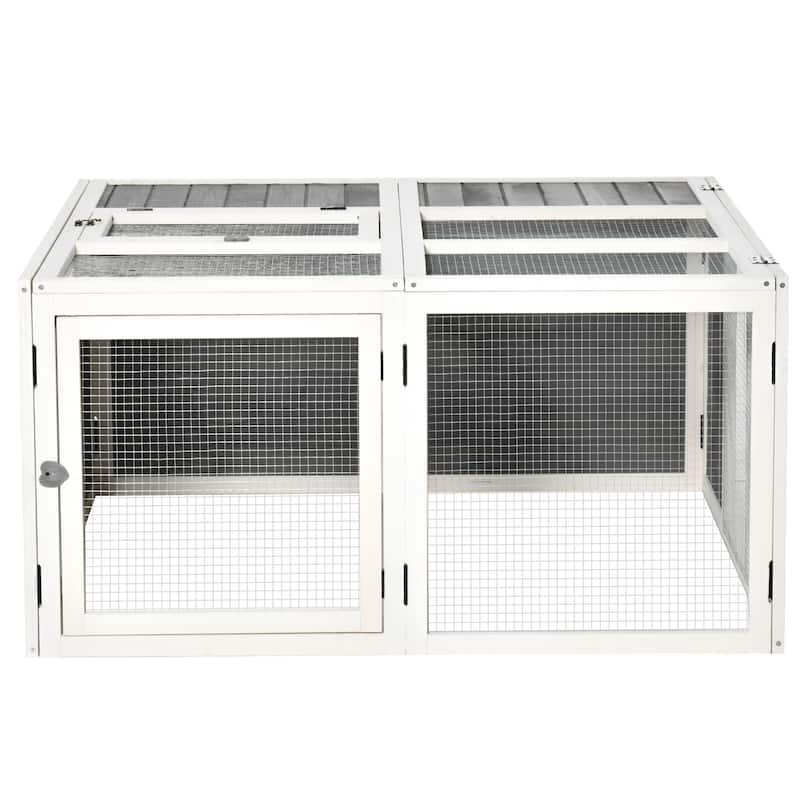Grey Fir Wood Bunny Hutch with Metal Frame, Skylight & Foldable Roof - 47.2" L x 47.2" W x 23.6" H