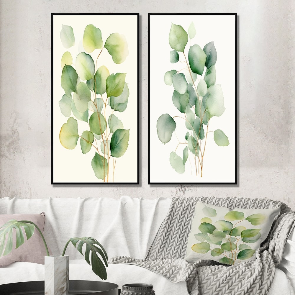 Designart "White Green Minimalism Eucalyptus Essence" Floral Framed Wall Art Set Of 2 - White For Living Room Decor