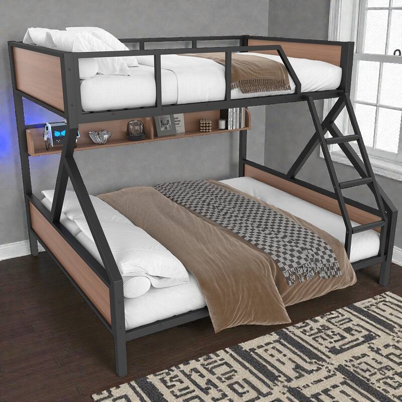 Metal Bunk Bed with Storage Shelves and LED Lights, Space Saving Noise Free Bunk Bed Frame with Guardrails