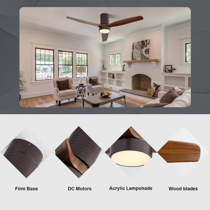 52" Flush Mount Wood Ceiling Fan with Dimmable LED Light and Remote Control